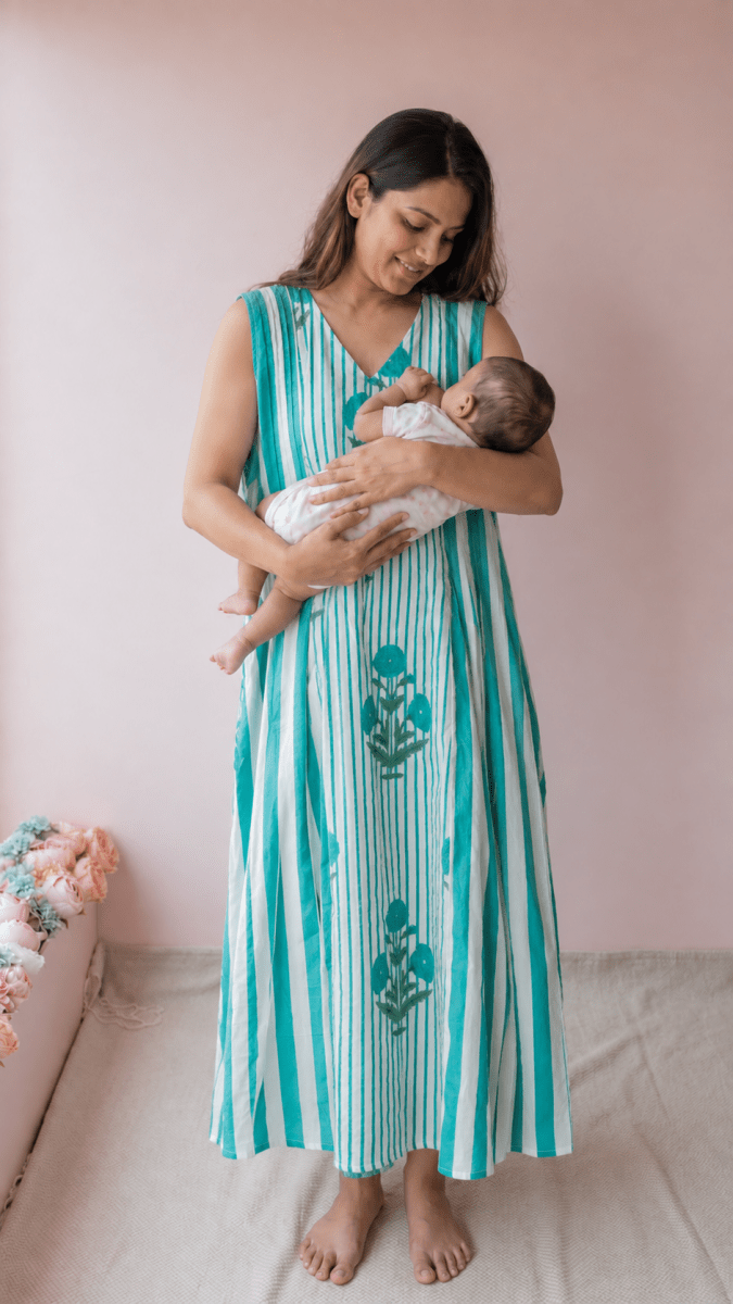 Shri |Turquoise Marigold Block Print Cotton Maternity & Nursing DressALL US WOMENmaternity and feeding