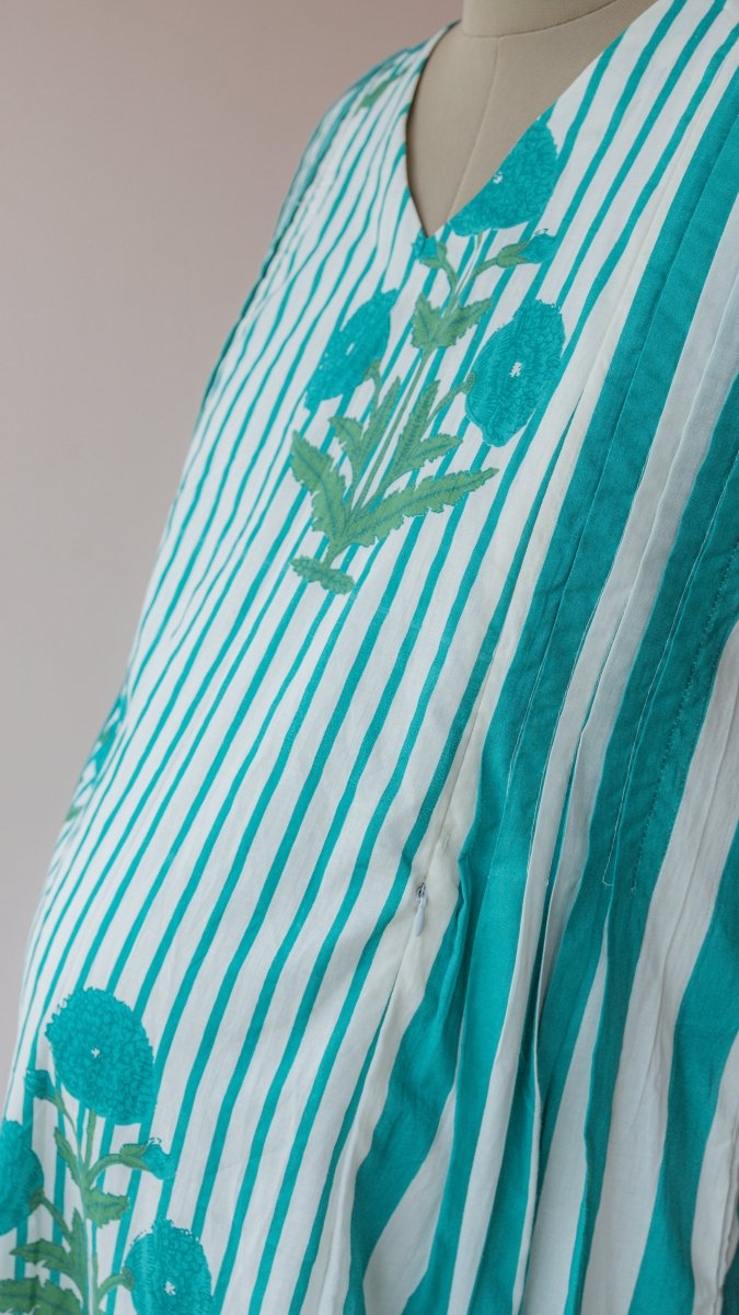 Shri |Turquoise Marigold Block Print Cotton Maternity & Nursing DressALL US WOMENmaternity and feeding