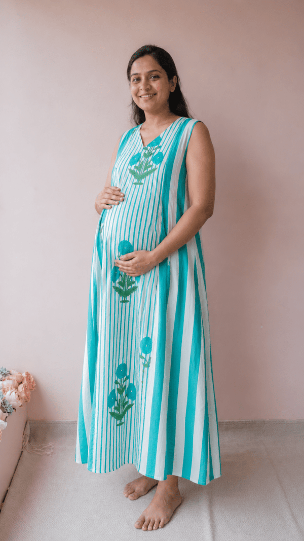 Shri |Turquoise Marigold Block Print Cotton Maternity & Nursing DressALL US WOMENmaternity and feeding
