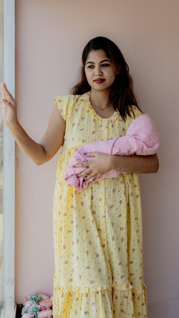 Simmer – Collared Button-Down Maternity & Nursing Dress in Yellow Floral CottonALL US WOMENmaternity and feeding