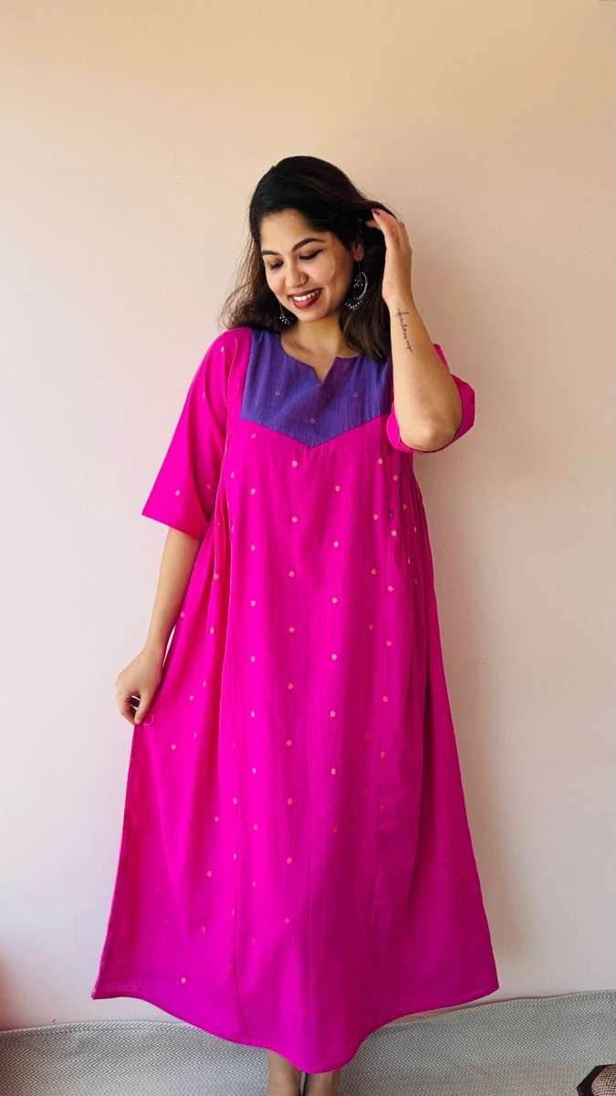 Tamraparni — Fuchsia & Periwinkle Colour-Block Cotton Maternity & Nursing DressALL US WOMENmaternity and feeding