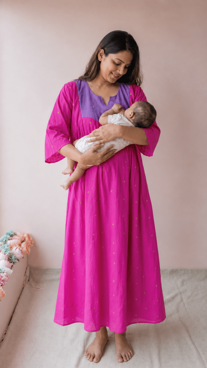 Tamraparni — Fuchsia & Periwinkle Colour-Block Cotton Maternity & Nursing DressALL US WOMENmaternity and feeding