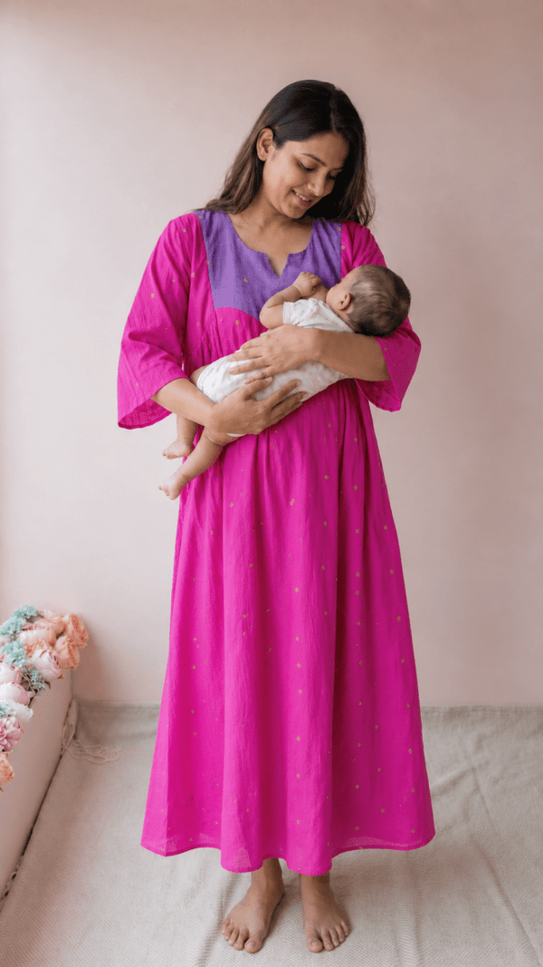 Tamraparni — Fuchsia & Periwinkle Colour-Block Cotton Maternity & Nursing DressALL US WOMENmaternity and feeding