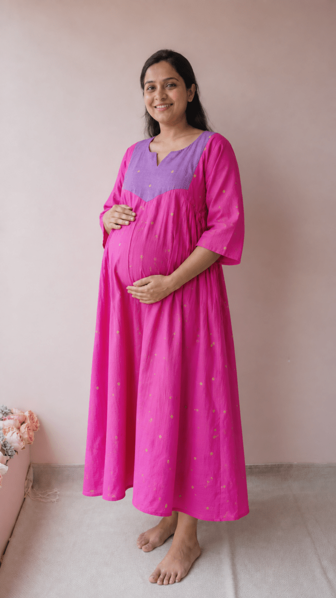 Tamraparni — Fuchsia & Periwinkle Colour-Block Cotton Maternity & Nursing DressALL US WOMENmaternity and feeding