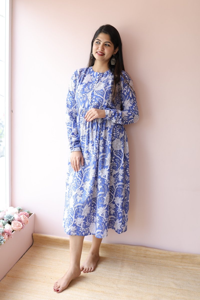 Tara Handblock Cotton Maternity & Nursing Dress with Pockets | Noor collectionALL US WOMENmaternity and feeding