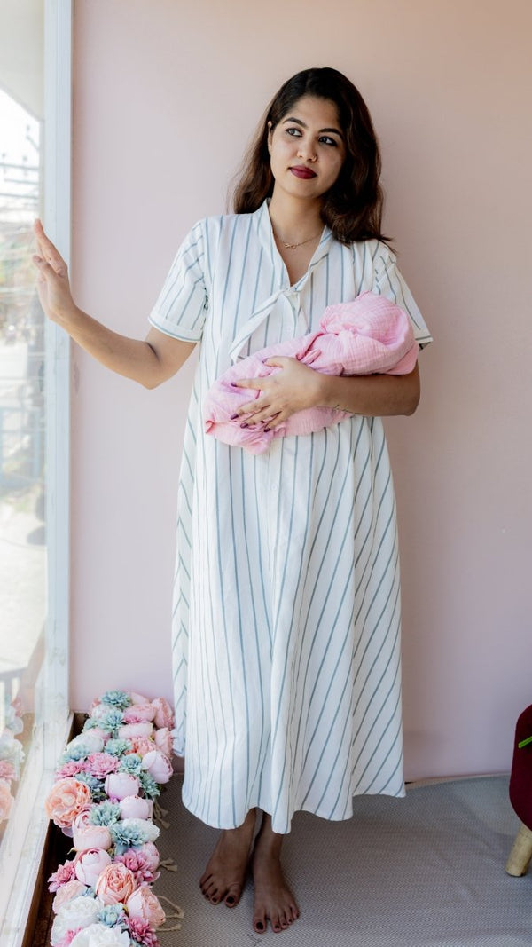 Tether – Tie Neck Button-Down Maternity & Nursing Dress in Striped CottonALL US WOMENmaternity and feeding