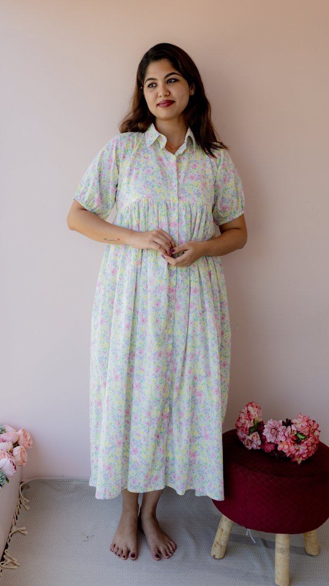 Verdant – Puff Sleeve Button-Down Maternity & Nursing Dress in Pastel Floral CottonALL US WOMENmaternity and feeding