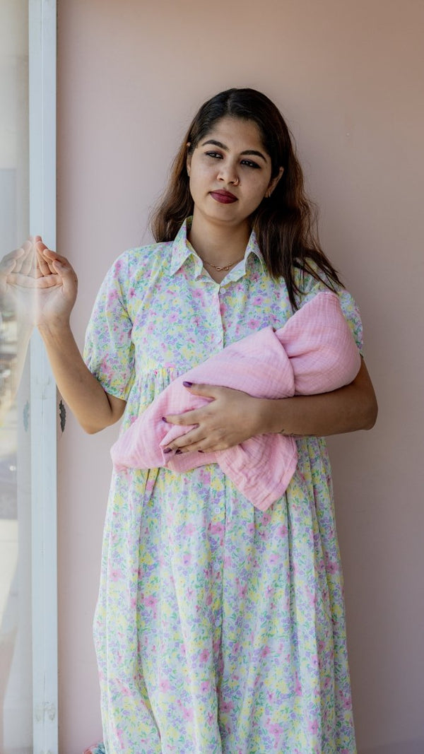 Verdant – Puff Sleeve Button-Down Maternity & Nursing Dress in Pastel Floral CottonALL US WOMENmaternity and feeding