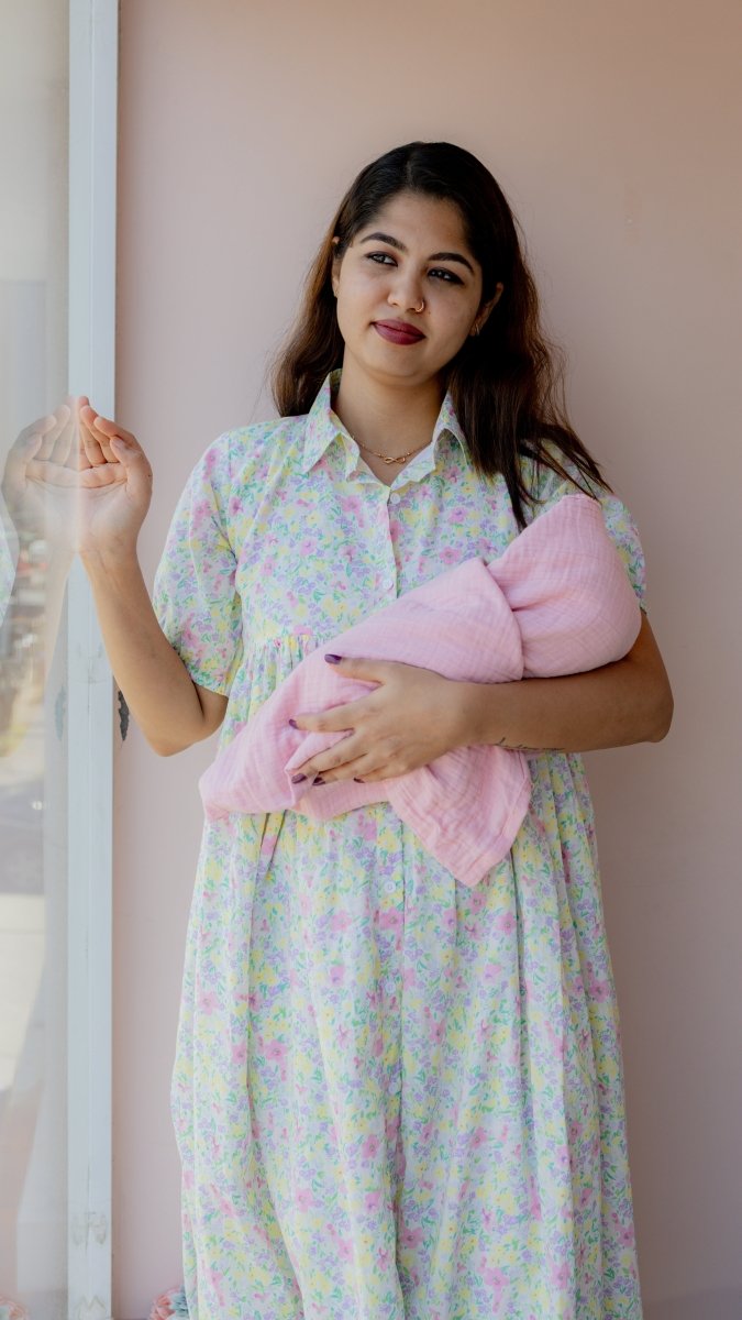 Verdant – Puff Sleeve Button-Down Maternity & Nursing Dress in Pastel Floral CottonALL US WOMENmaternity and feeding