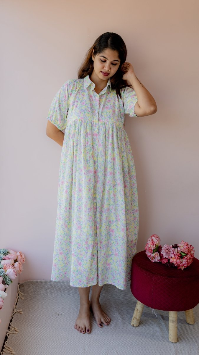 Verdant – Puff Sleeve Button-Down Maternity & Nursing Dress in Pastel Floral CottonALL US WOMENmaternity and feeding