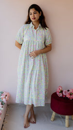 Verdant – Puff Sleeve Button-Down Maternity & Nursing Dress in Pastel Floral CottonALL US WOMENmaternity and feeding