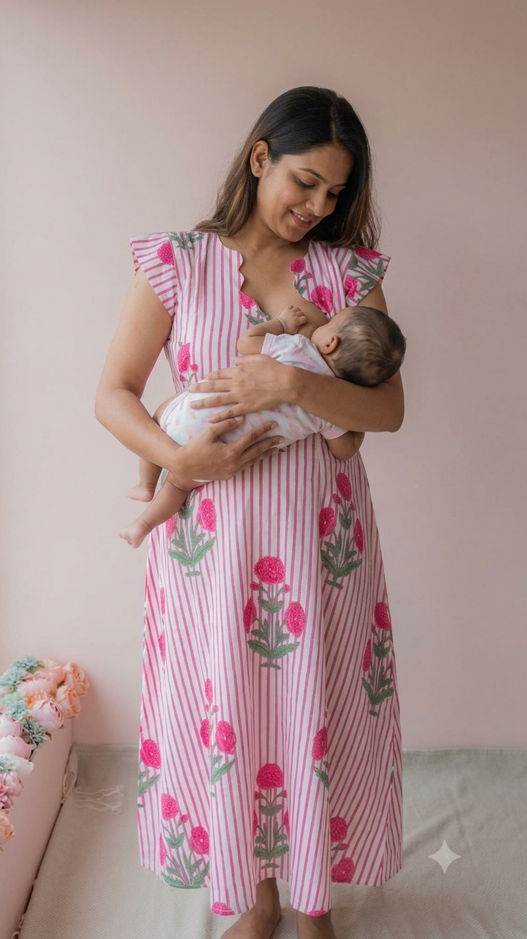 Gomati | Pink Stripe Marigold Print Cotton Maternity & Nursing Dress