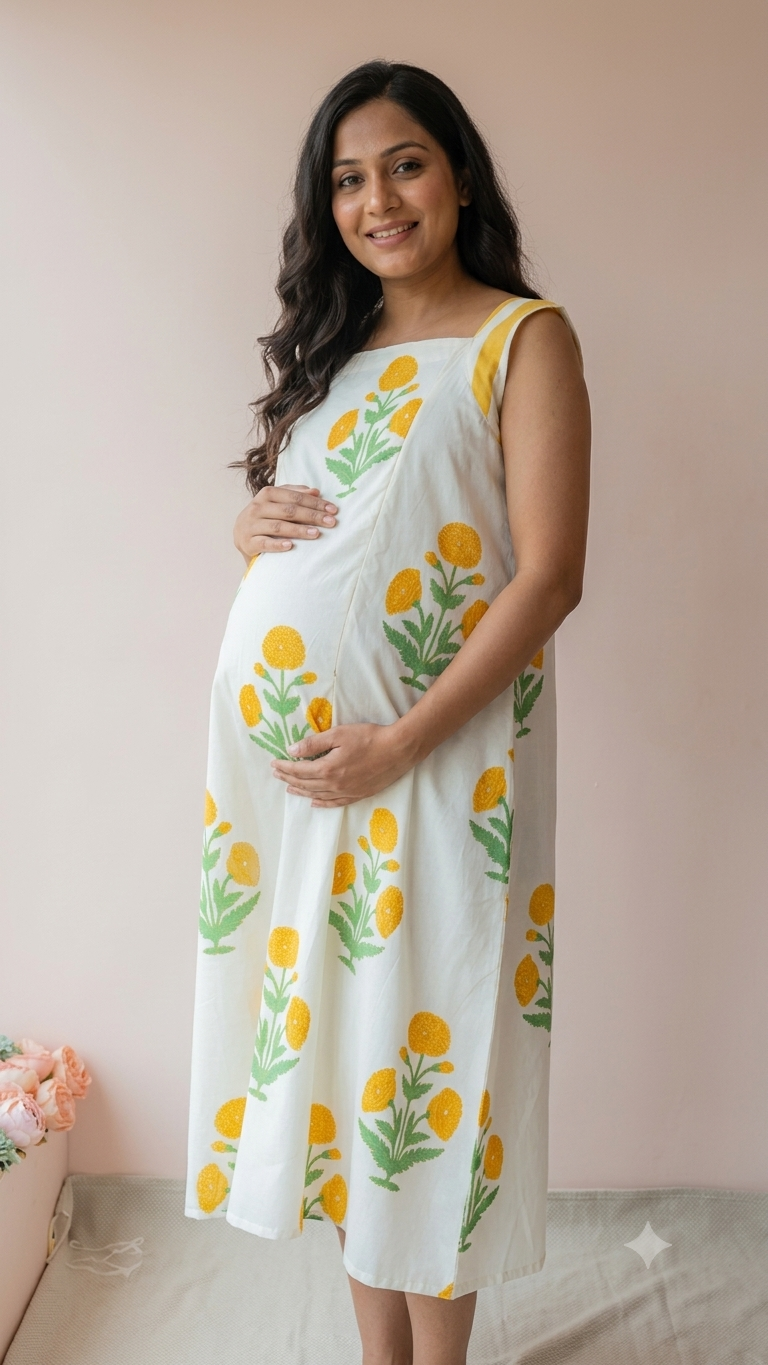 Bhupali | Ivory Marigold Block Print Cotton Maternity Dress