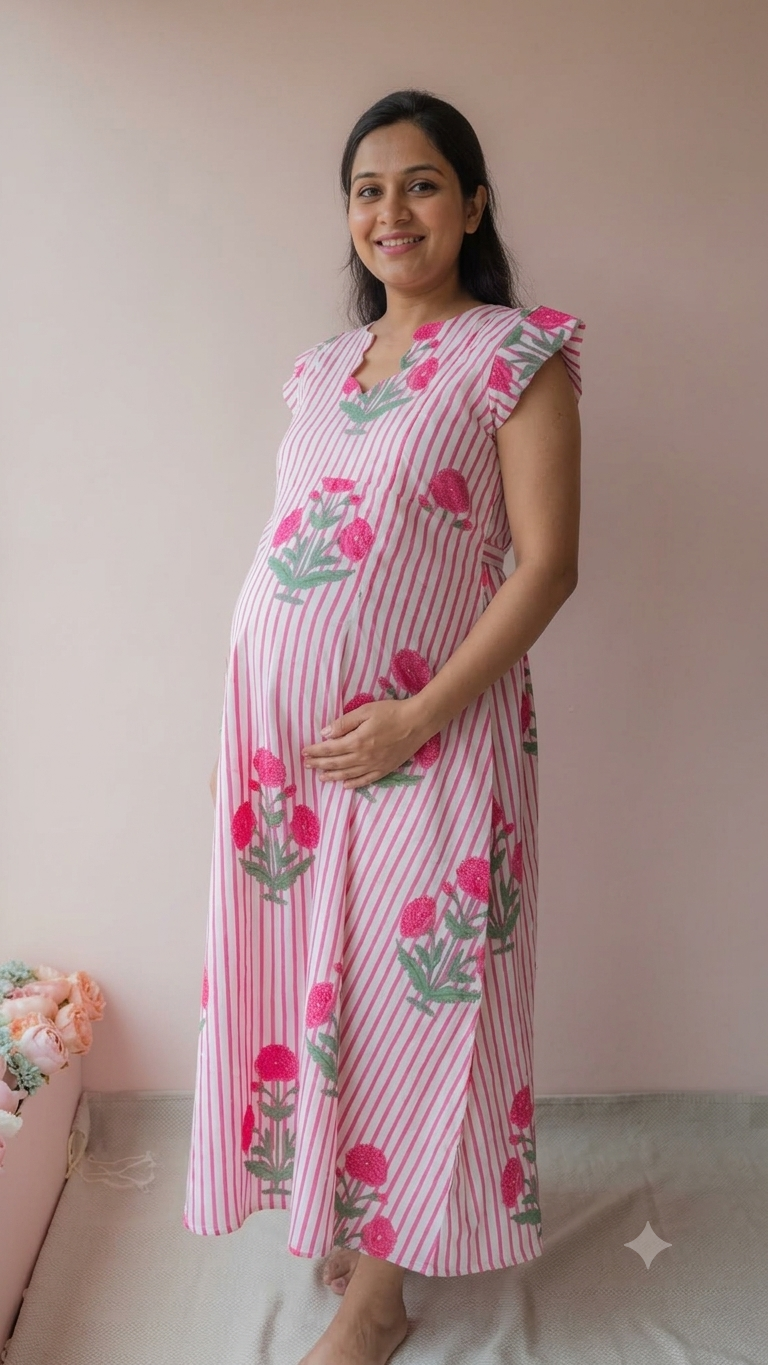 Gomati | Pink Stripe Marigold Print Cotton Maternity & Nursing Dress