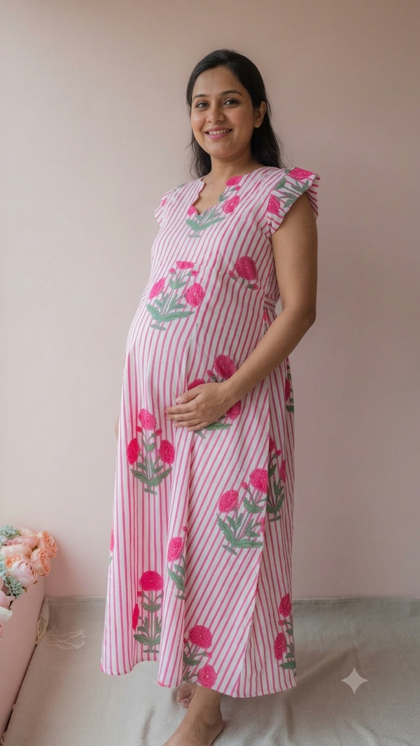 Gomati | Pink Stripe Marigold Print Cotton Maternity & Nursing Dress