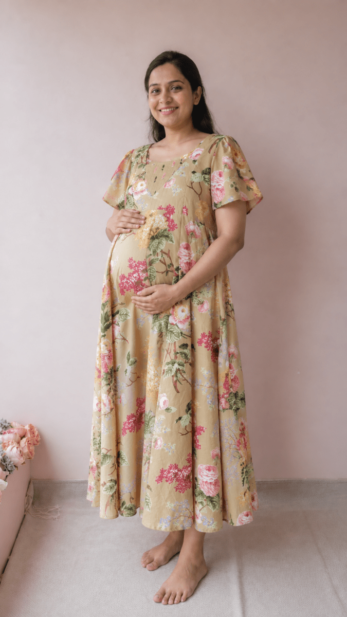 Yaaman |Mustard Floral Print Cotton Maternity DressALL US WOMENmaternity and feeding
