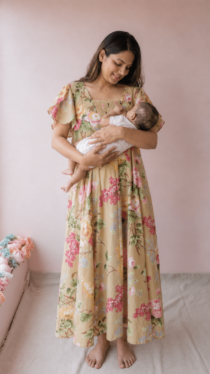 Yaaman |Mustard Floral Print Cotton Maternity DressALL US WOMENmaternity and feeding
