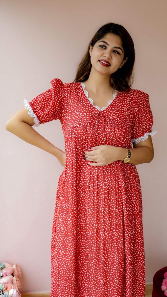 Yarrow — Red Floral Twin-Zip Maternity DressALL US WOMENmaternity and feeding