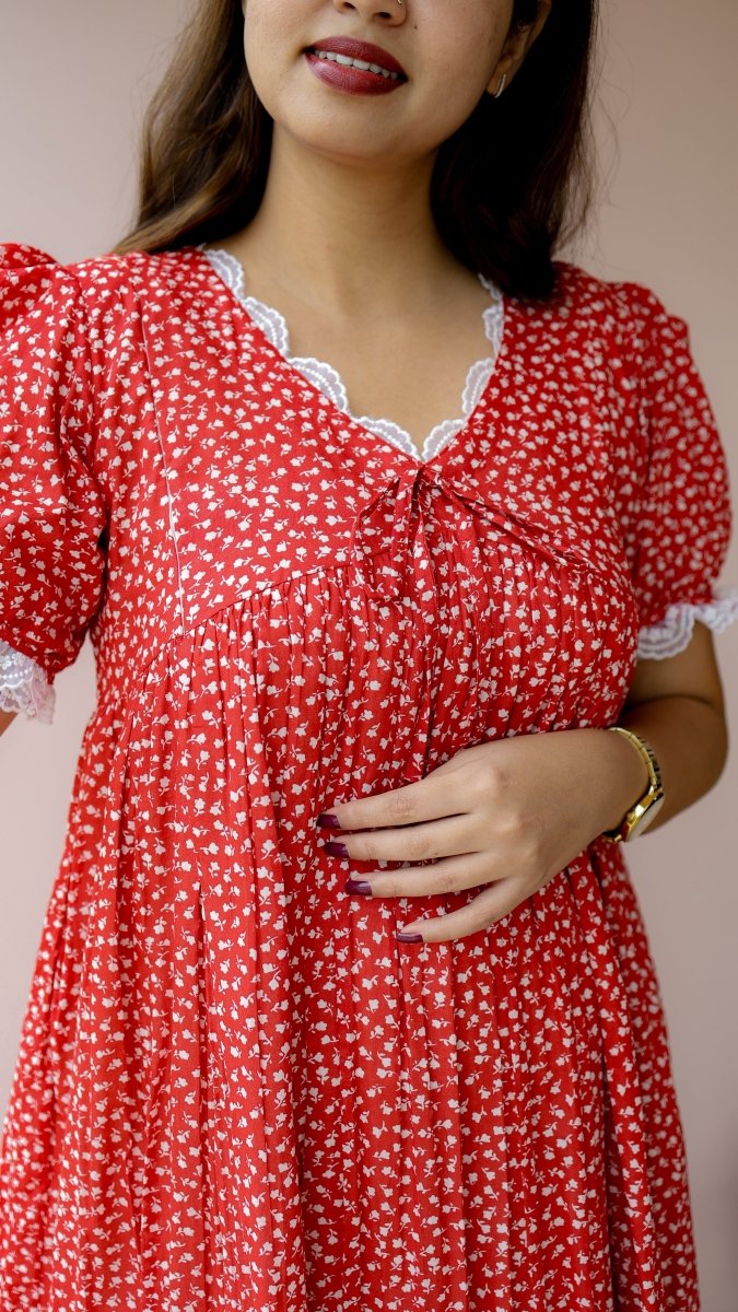 Yarrow — Red Floral Twin-Zip Maternity DressALL US WOMENmaternity and feeding
