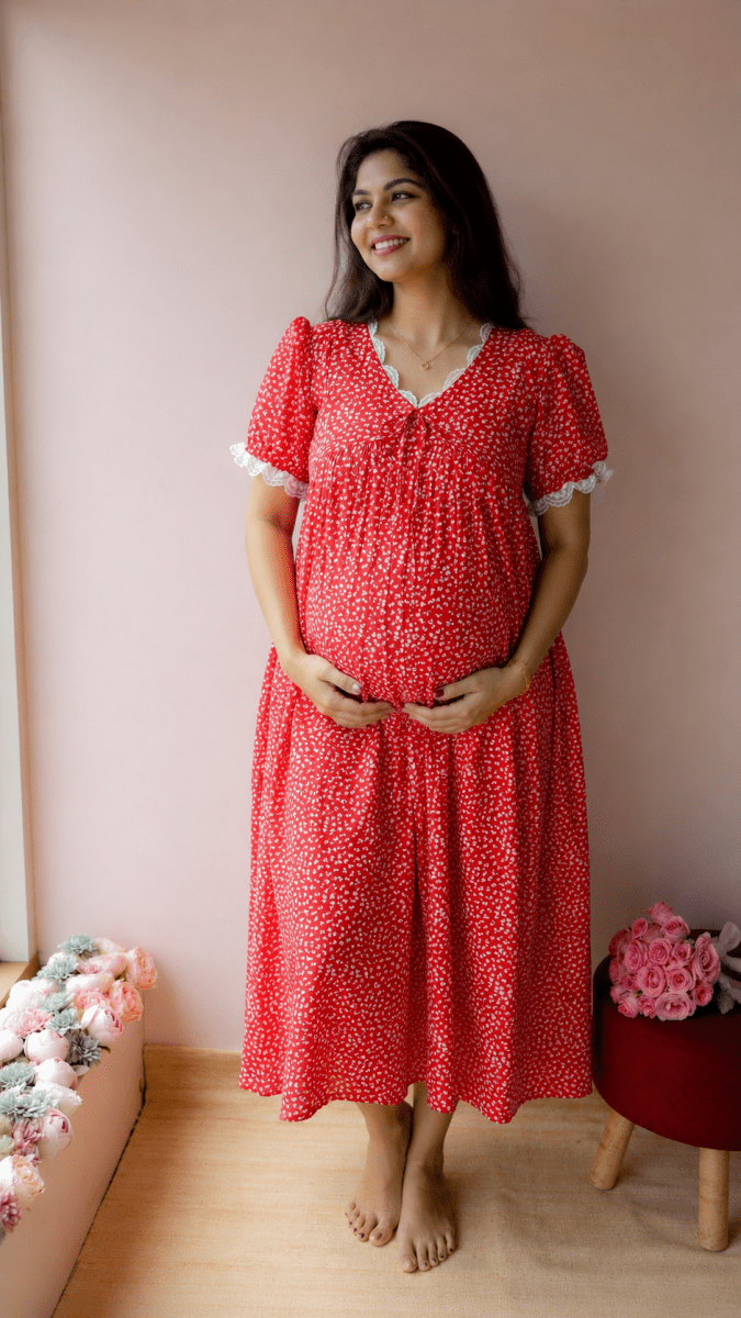 Yarrow — Red Floral Twin-Zip Maternity DressALL US WOMENmaternity and feeding