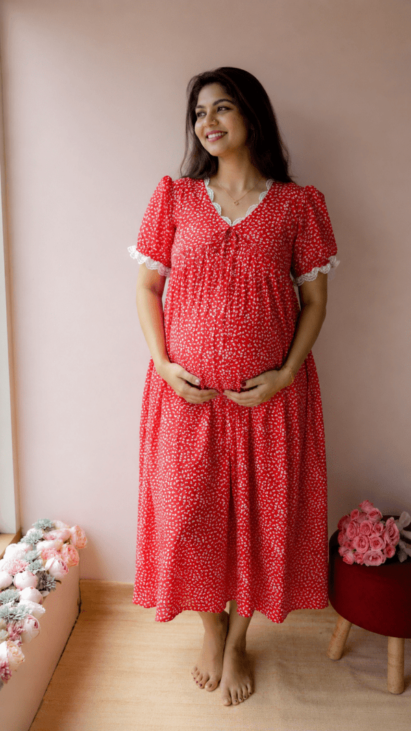 Yarrow — Red Floral Twin-Zip Maternity DressALL US WOMENmaternity and feeding